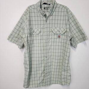 Carhartt Light Green Gray Plaid Shirt Short Sleeve Button Up Large Relaxed Fit